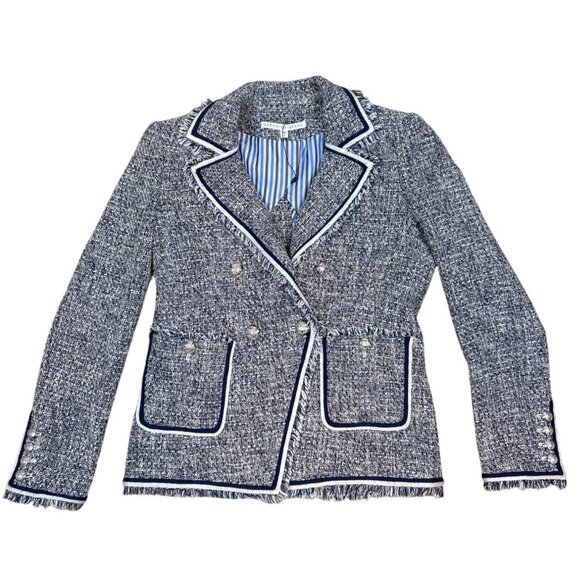NWOT Veronica Beard Theron Tweed Navy White Frayed Trim Blazer Size 10 - Picture 2 of 14